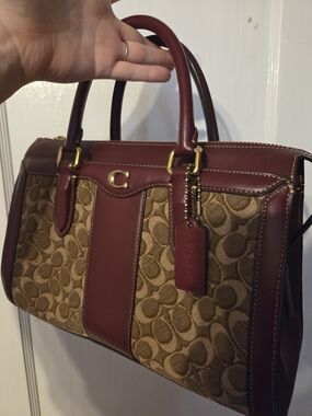 Coach Burgundy Leather & Tan Signature Canvas Satchel